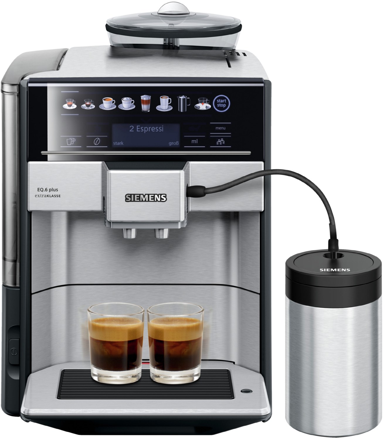 TE657F03DE EQ6 plus extraKlasse Kaffee-Vollautomat edelstahl, Latte Macchiato/Cappuccino/Milchkaffee, Keramik-Mahlwerk, 19 bar, 1,7 l