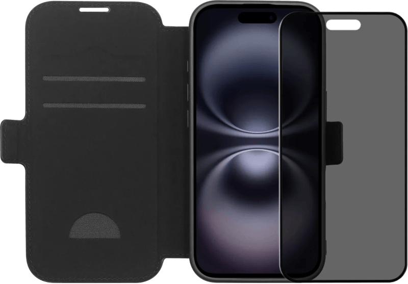 BlueBuilt Apple iPhone 17 Book Case Leder Schwarz + iPhone 17 Panzerglas mit Blickschutzfilter
