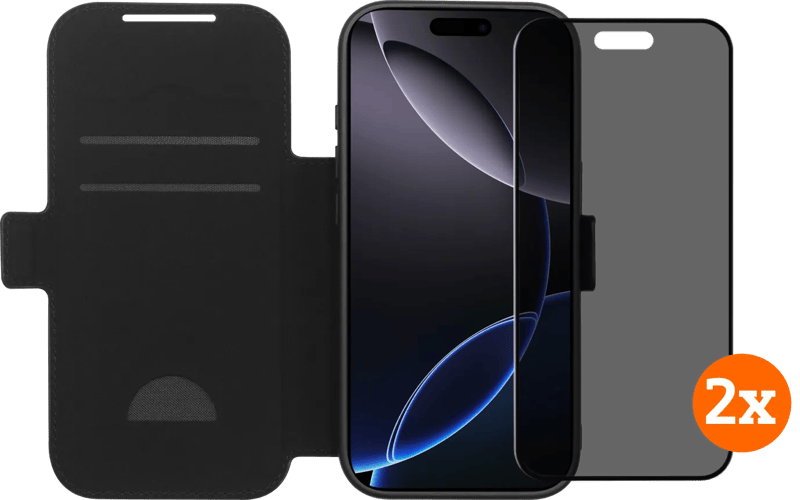BlueBuilt Apple iPhone 17 Pro Book Case Leder Schwarz + Privacy Displayschutz Doppelpack