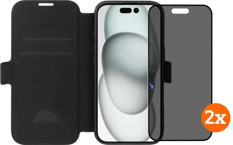 BlueBuilt Apple iPhone 16 Book Case Leder Schwarz + Privacy Panzerglas Doppelpack