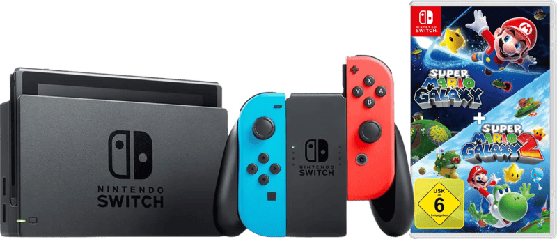 Nintendo Switch Rot/Blau + Super Mario Galaxy 1+2
