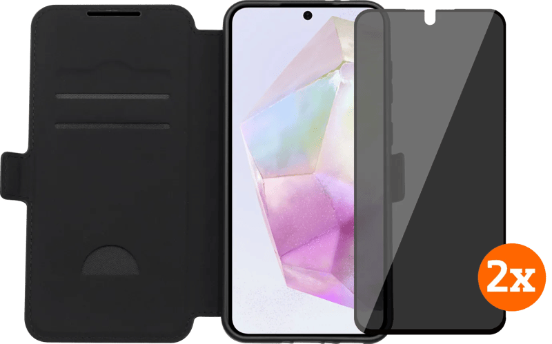 BlueBuilt Samsung Galaxy A36 Book Case Schwarz + Displayschutz mit Blickschutzfilter Doppelpack