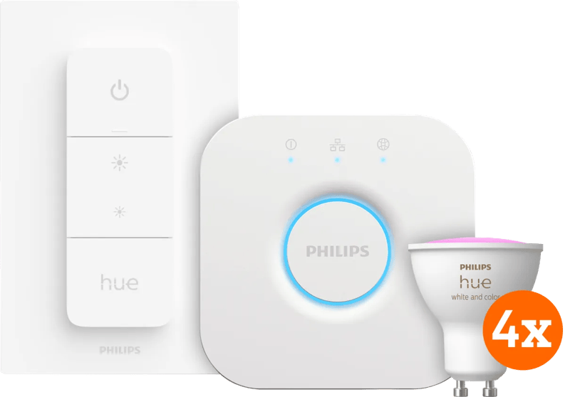 Philips Hue White & Color GU10 Starterset - 4 Lampen + Bridge + Dimmer