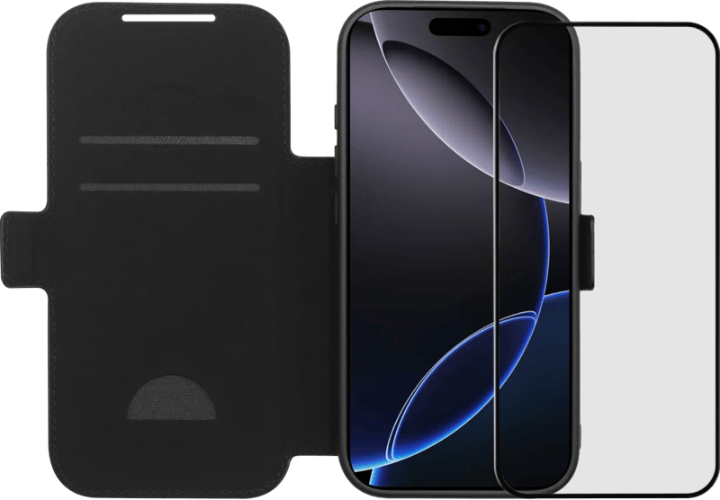 BlueBuilt Apple iPhone 17 Pro Book Case Leder Schwarz + BlueBuilt iPhone 17 Pro Panzerglas