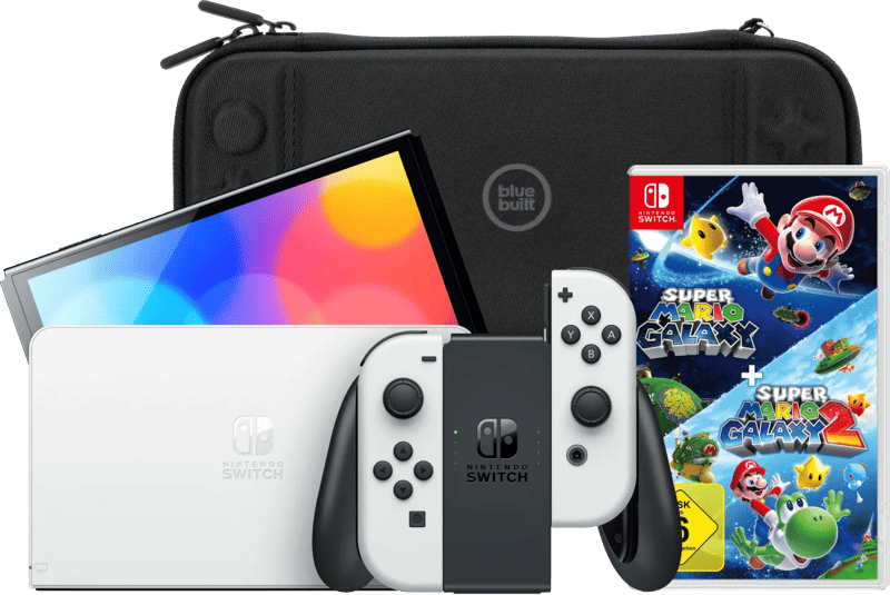 Nintendo Switch OLED Weiß + Super Mario Galaxy 1+2 + BlueBuilt Schutzhülle