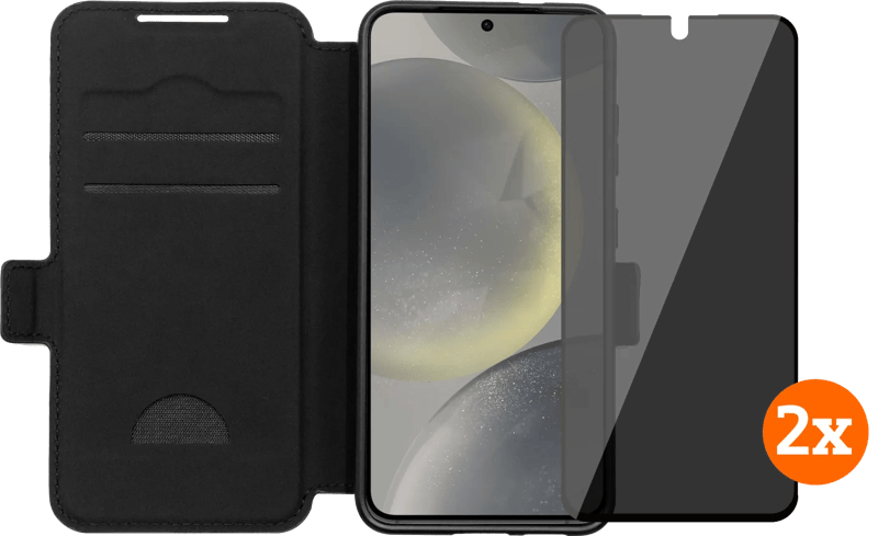 BlueBuilt Samsung Galaxy S25 Book Case Schwarz + Displayschutz mit Blickschutzfilter Doppelpack
