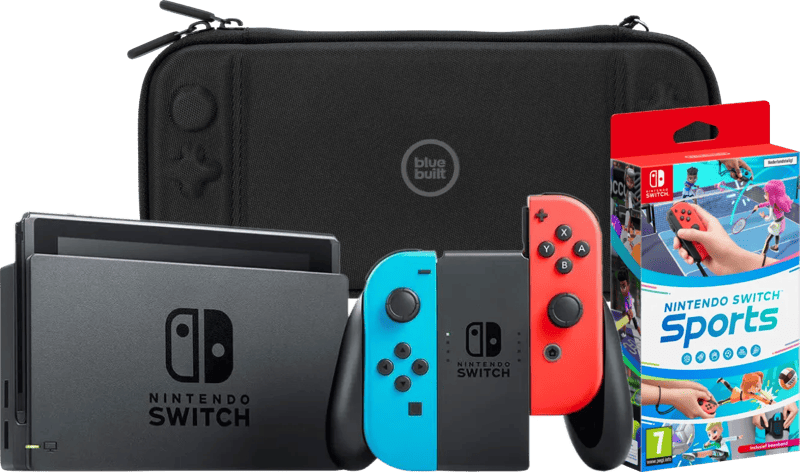 Nintendo Switch Rot/Blau + Nintendo Switch Sports + Bluebuilt Travel Case