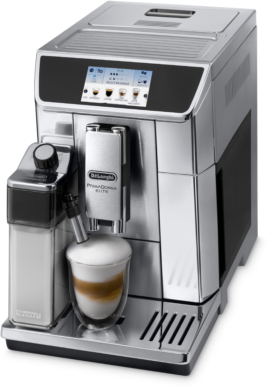 ECAM 656.75.MS PrimaDonna Elite Kaffee-Vollautomat edelstahl/silber, Milchbehälter, Trinkschokolade/Latte Macchiato/Cappuccino, 2 l, Apps ladbar