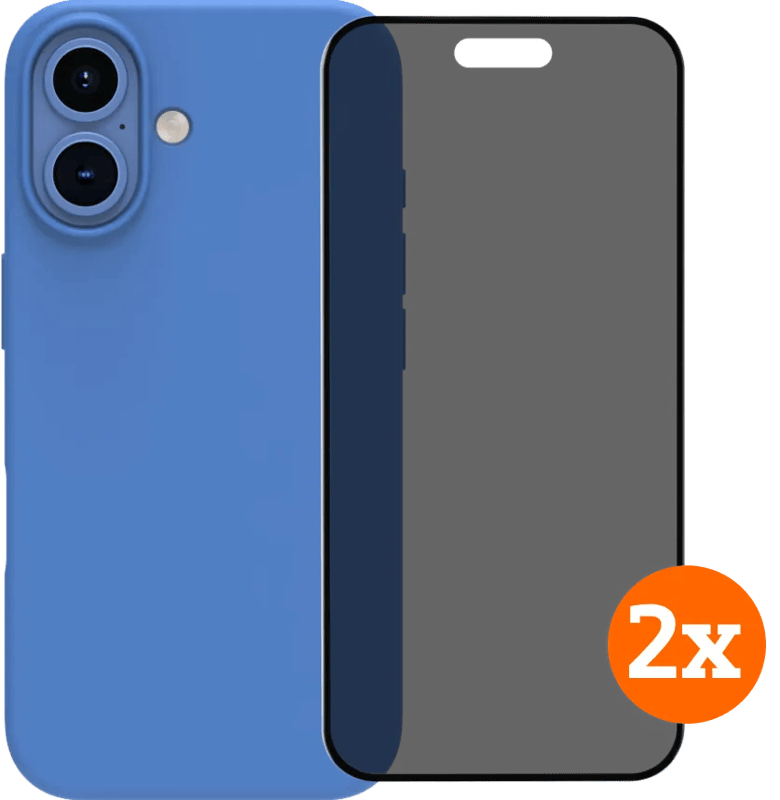 BlueBuilt Backcover iPhone 16 Blau + Panzerglas mit Blickschutzfilter Doppelpack