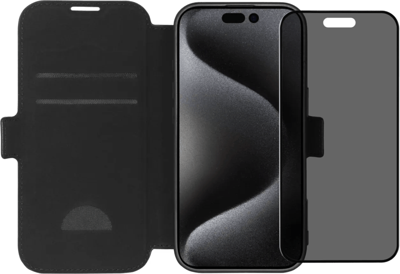 BlueBuilt Apple iPhone 16 Book Case Leder Schwarz + Panzerglas mit Blickschutzfilter