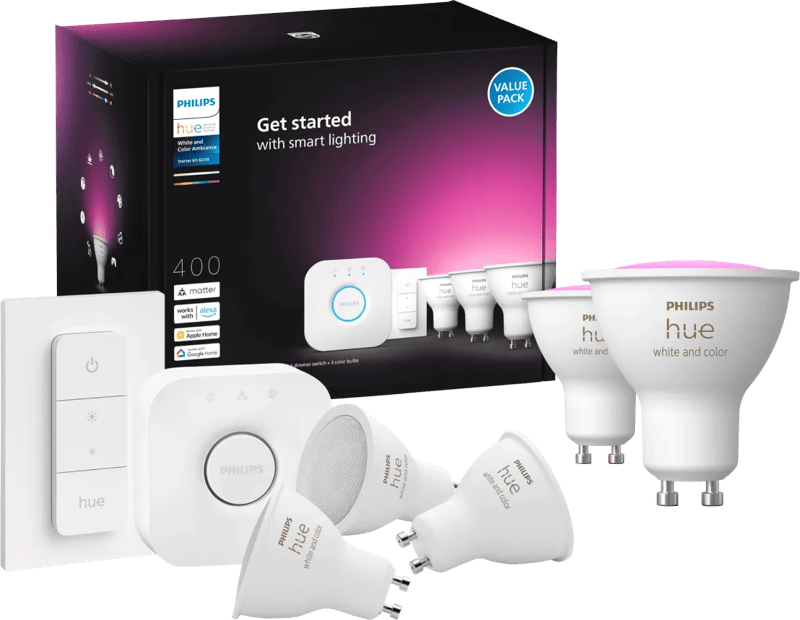 Philips Hue White & Color GU10 Starterset - 5 Lampen + Bridge + Dimmer